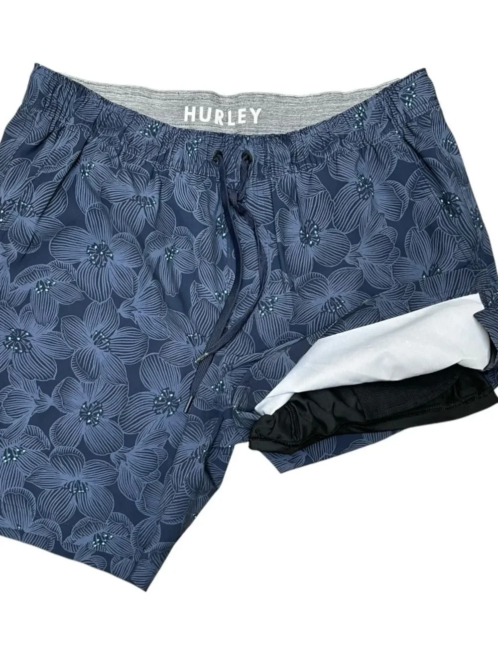 Hurley Phantom Floral Board Shorts XL Blue Hybrid Swim Trunks Lined Drawstring